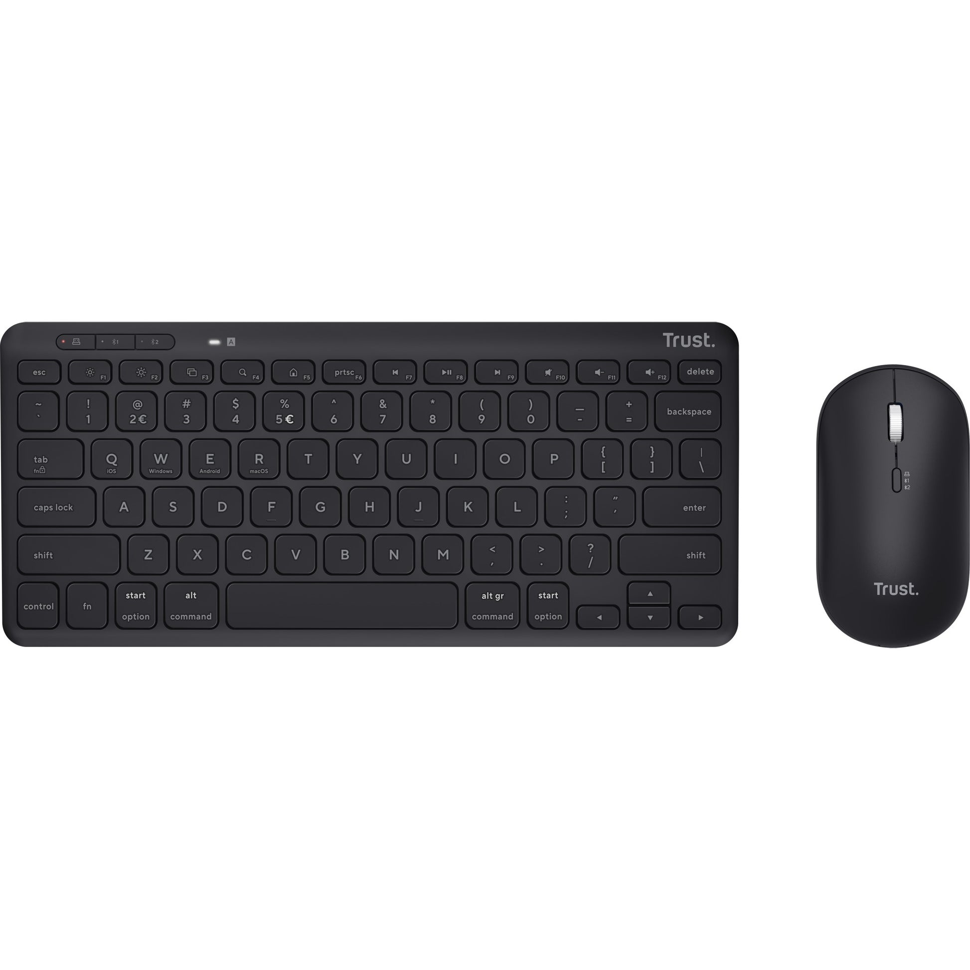 Trust lyra multi-device wireless keyboard mouse, desktopset (zwart, us lay-out, scissor switches, 800 - 1.600 dpi, 2,4 ghz usb, bluetooth, 65%)