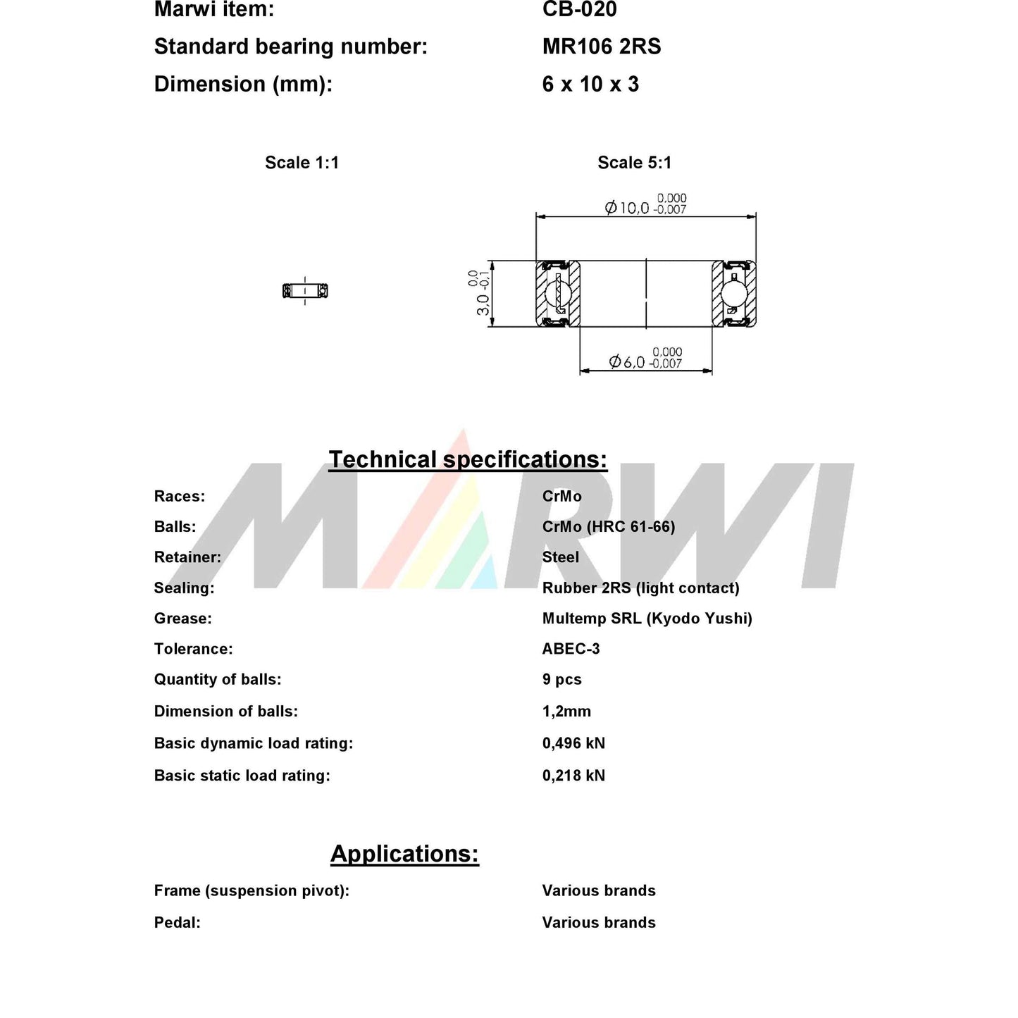 Marwi union kogellager ball bearing union cb-020 6x10x3