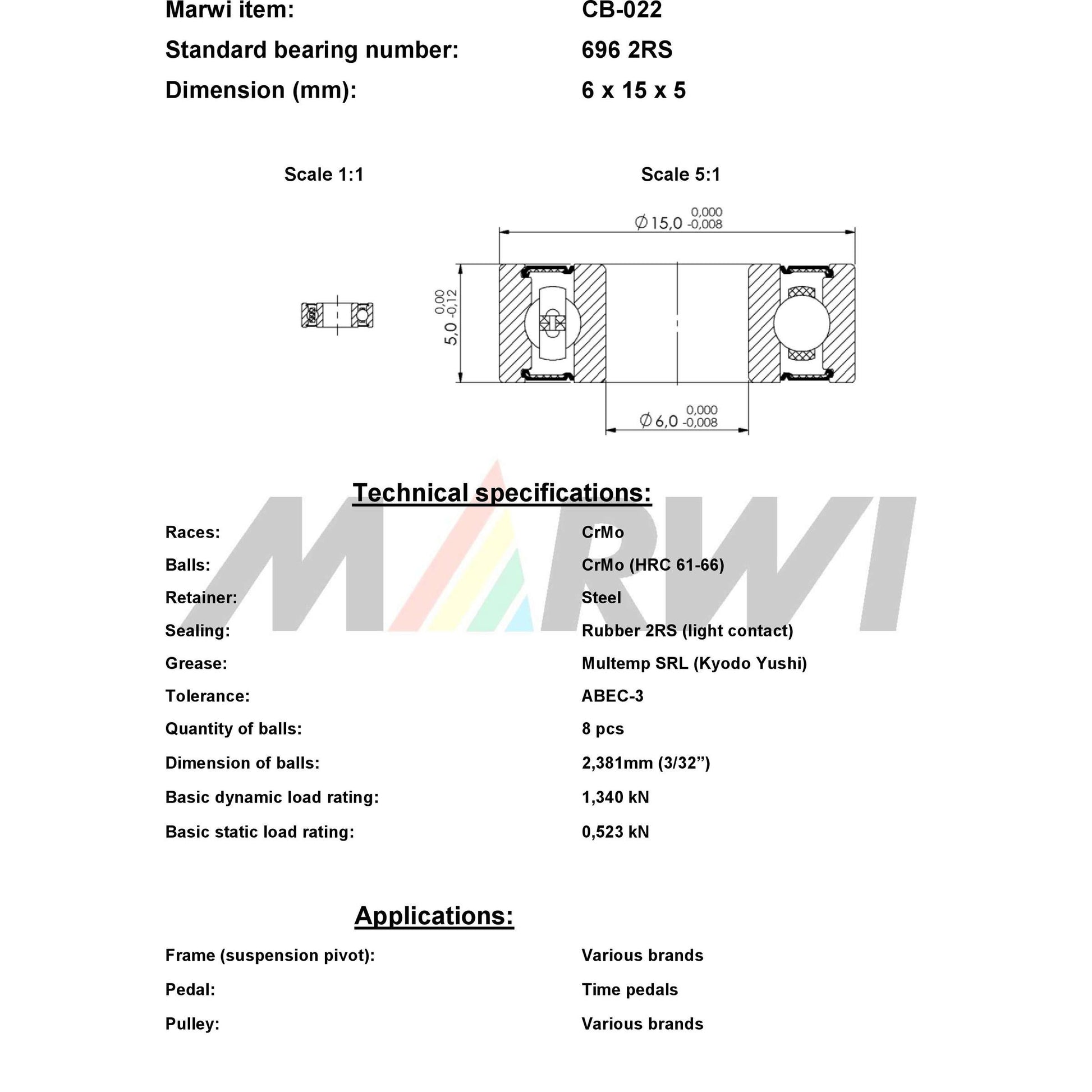Marwi union kogellager cb-022 696 2rs 6x15x5