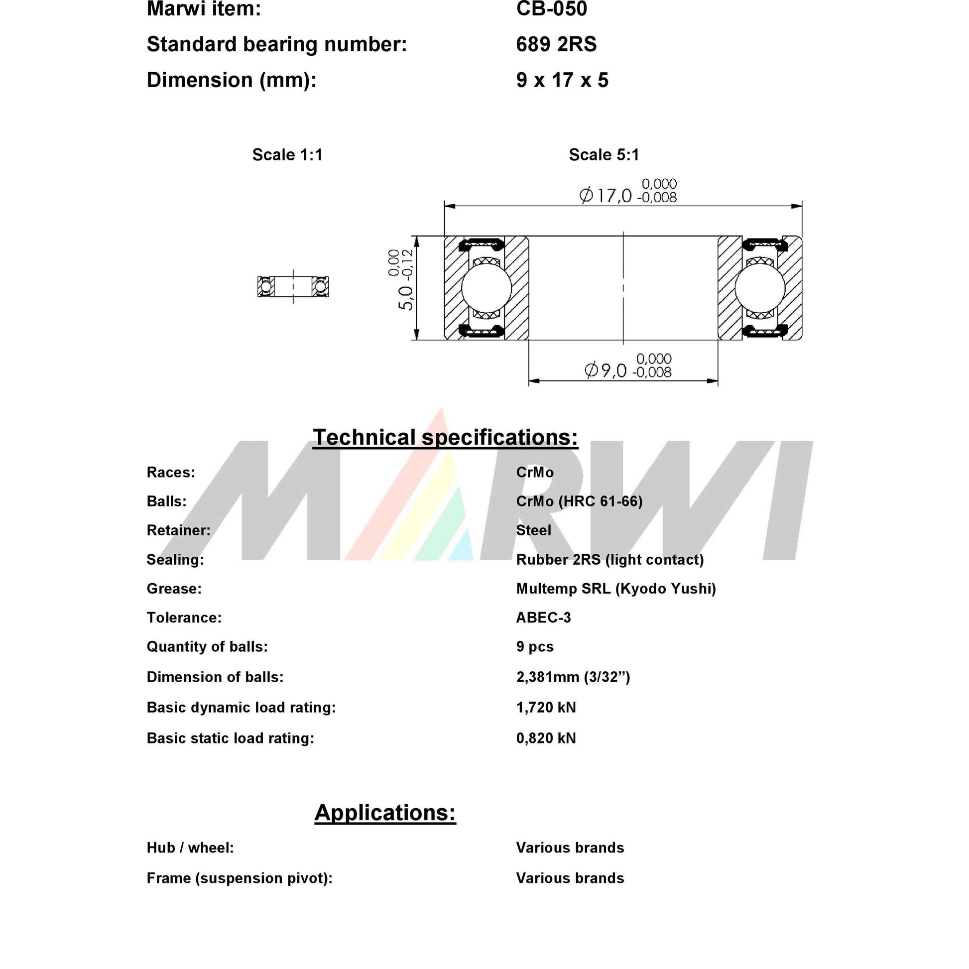 Marwi union kogellager cb-050 689 2rs 9x17x5