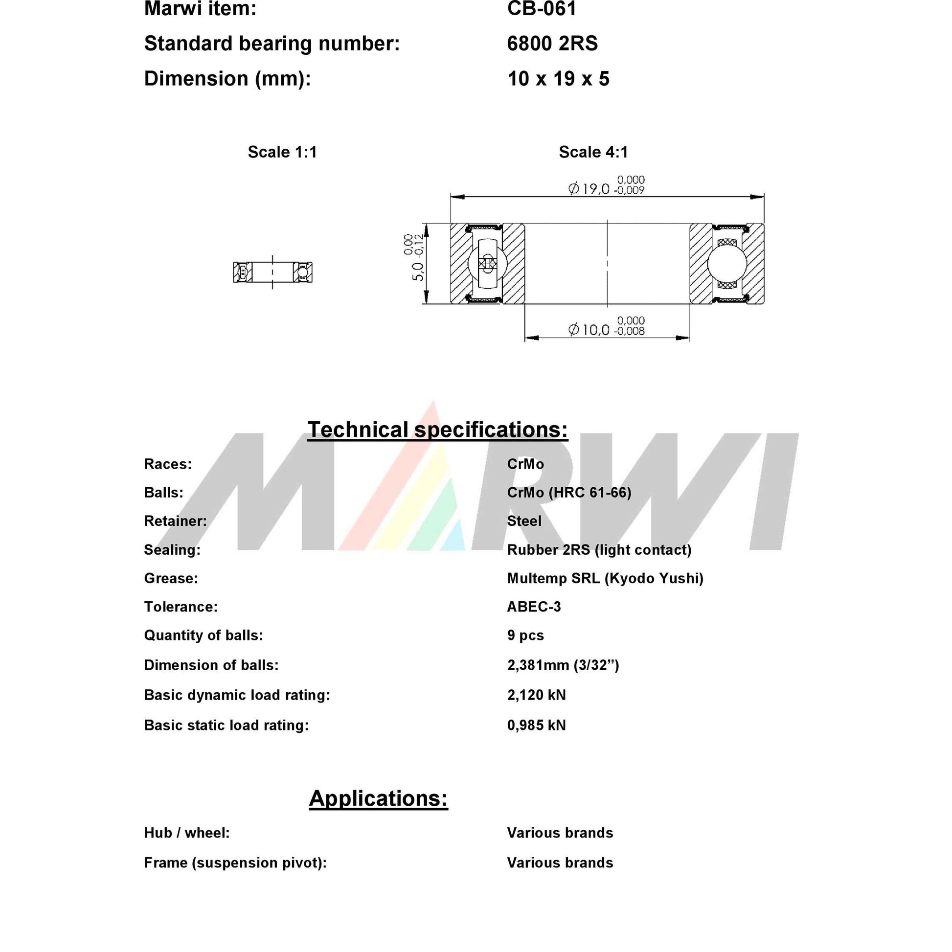 Union kogellager ball bearing cb-061 10x19x5