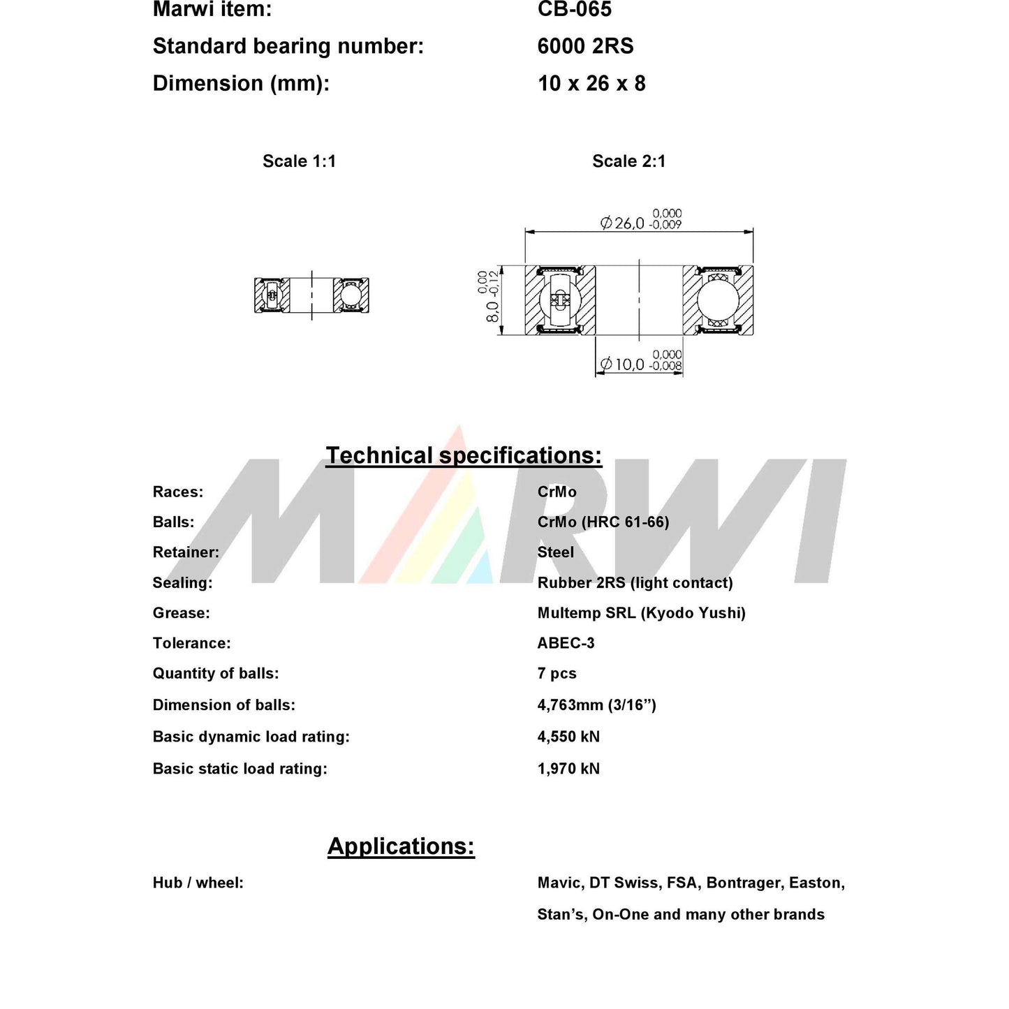Marwi union kogellager ball bearing union cb-065 10x26x8