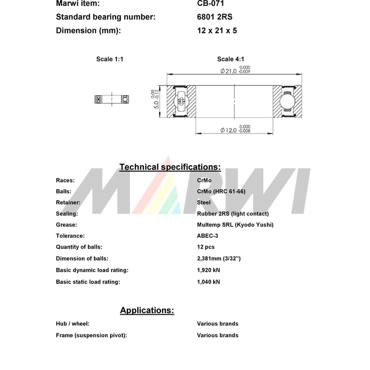 Marwi union kogellager cb-071 6801 2rs 12x21x5