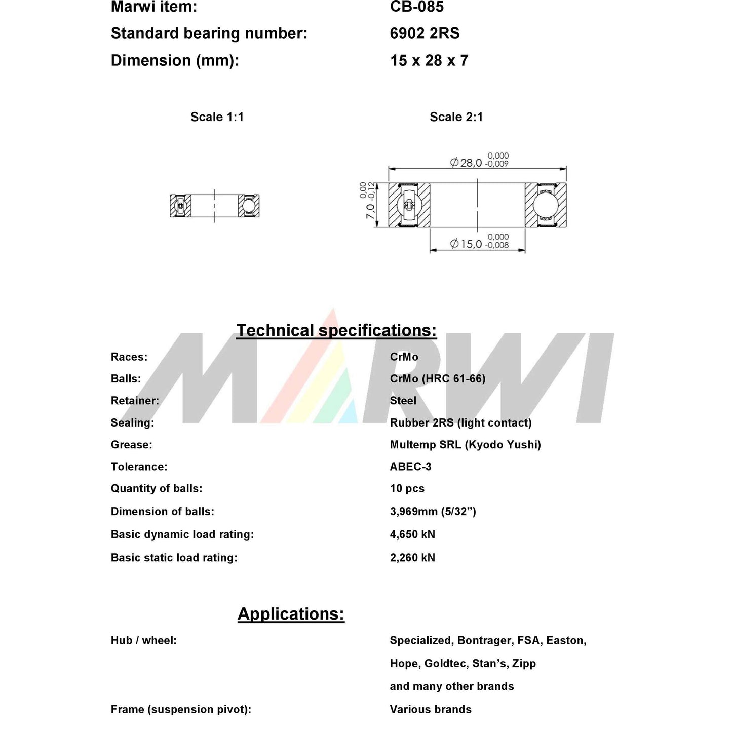 Marwi union kogellager ball bearing union cb-085 15x28x7