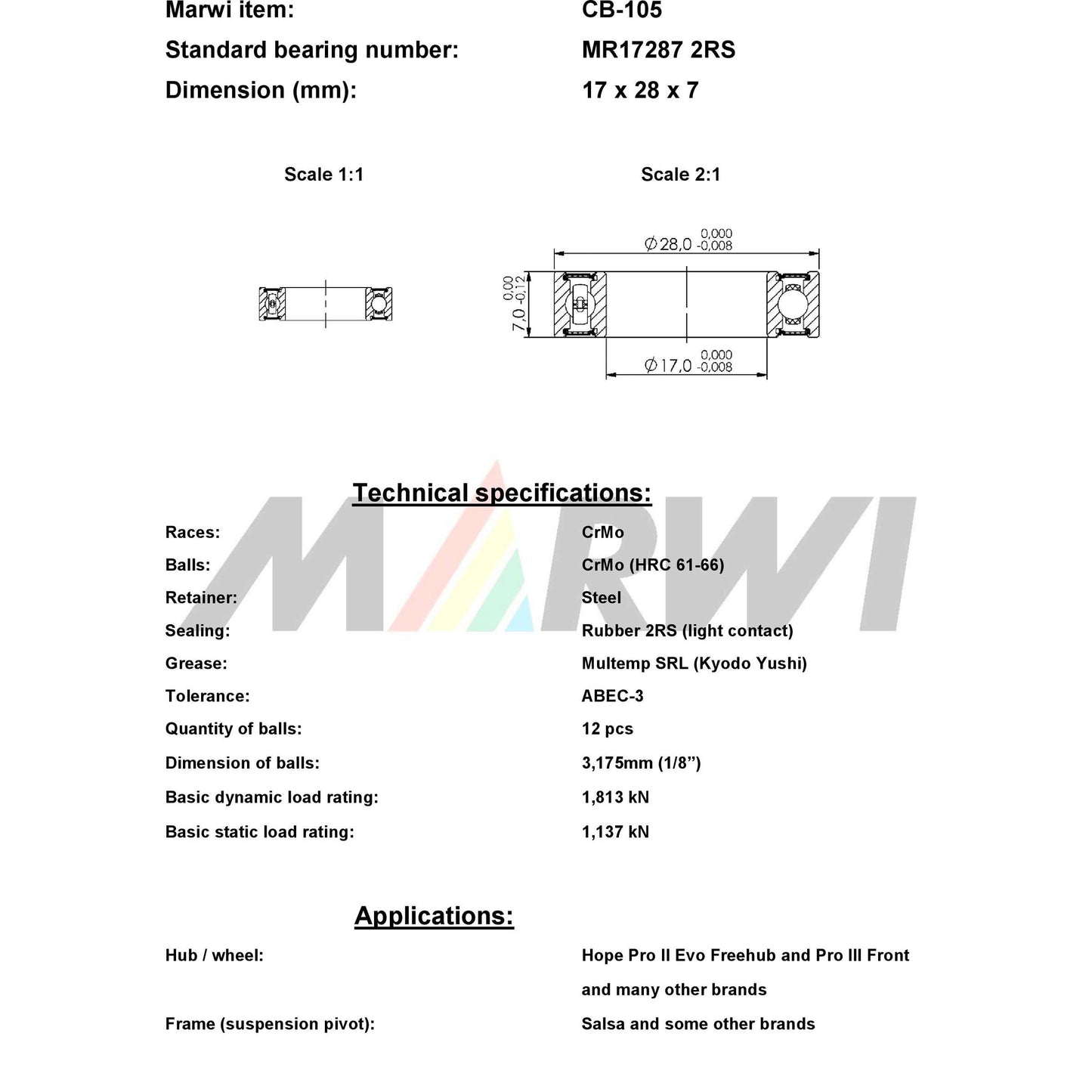 Marwi union kogellager ball bearing union cb-105 17x28x7