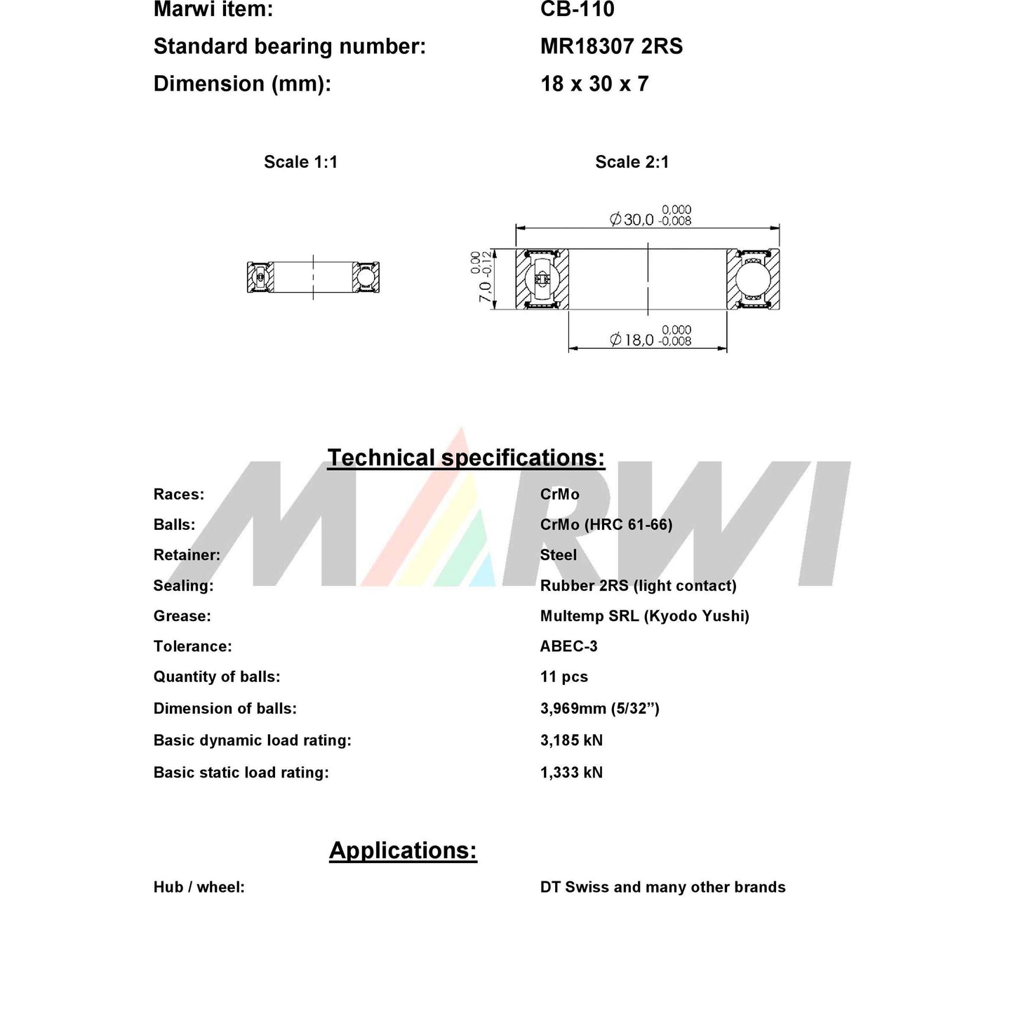 Marwi union kogellager ball bearing union cb-110 18x30x7