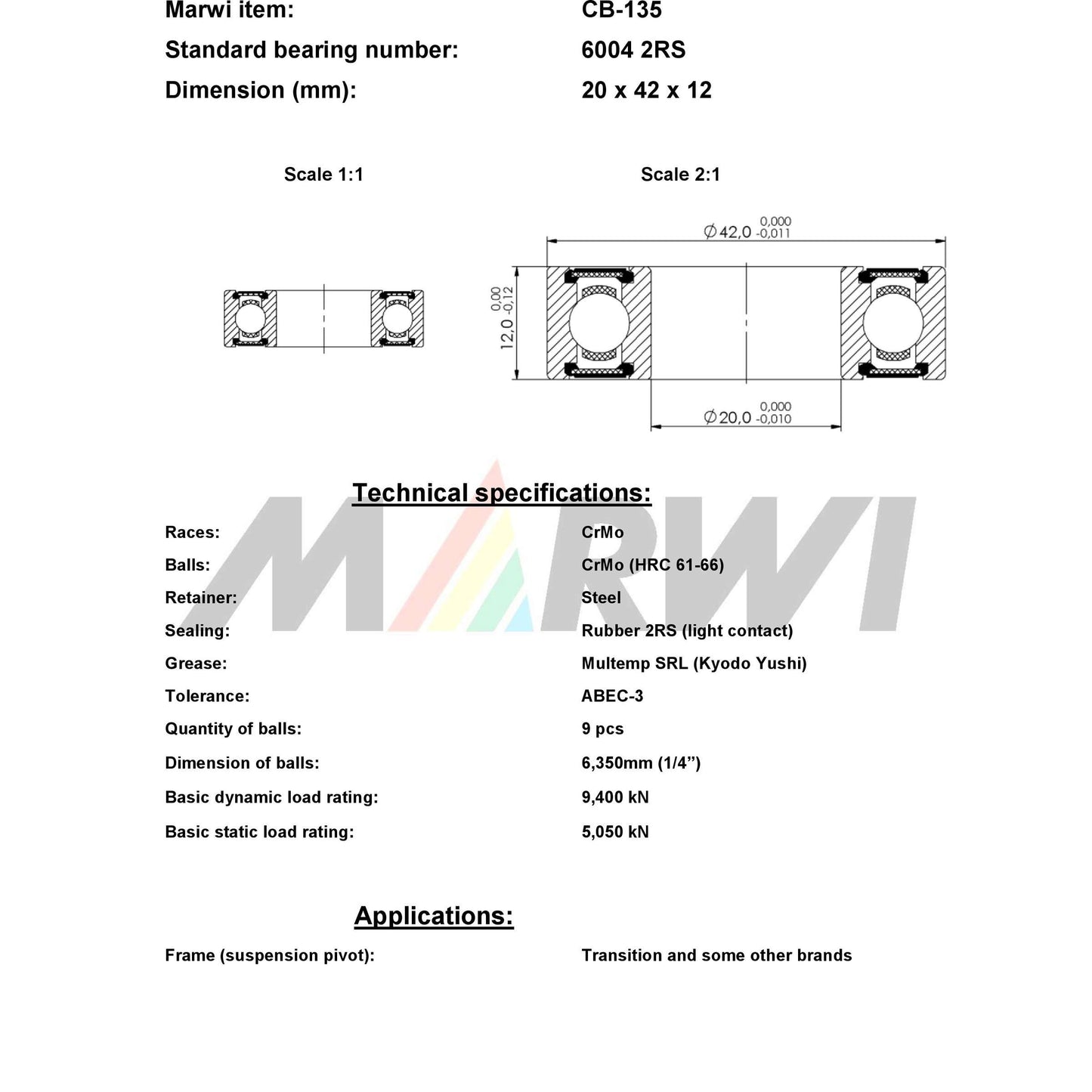 Marwi union kogellager ball bearing union cb-135 20x42x12