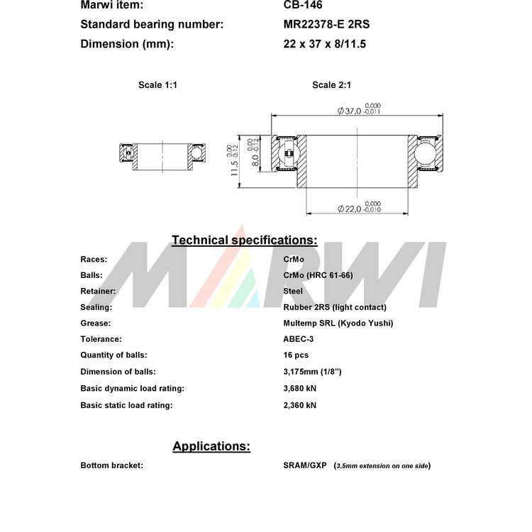 Marwi union kogellager cb-146 llb mr22378-e 22x37x8 11� ext