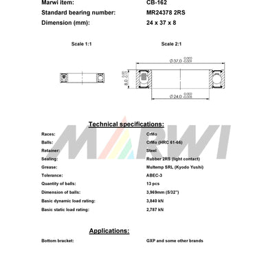 Marwi union kogellager ball bearing union cb-162 24x37x8
