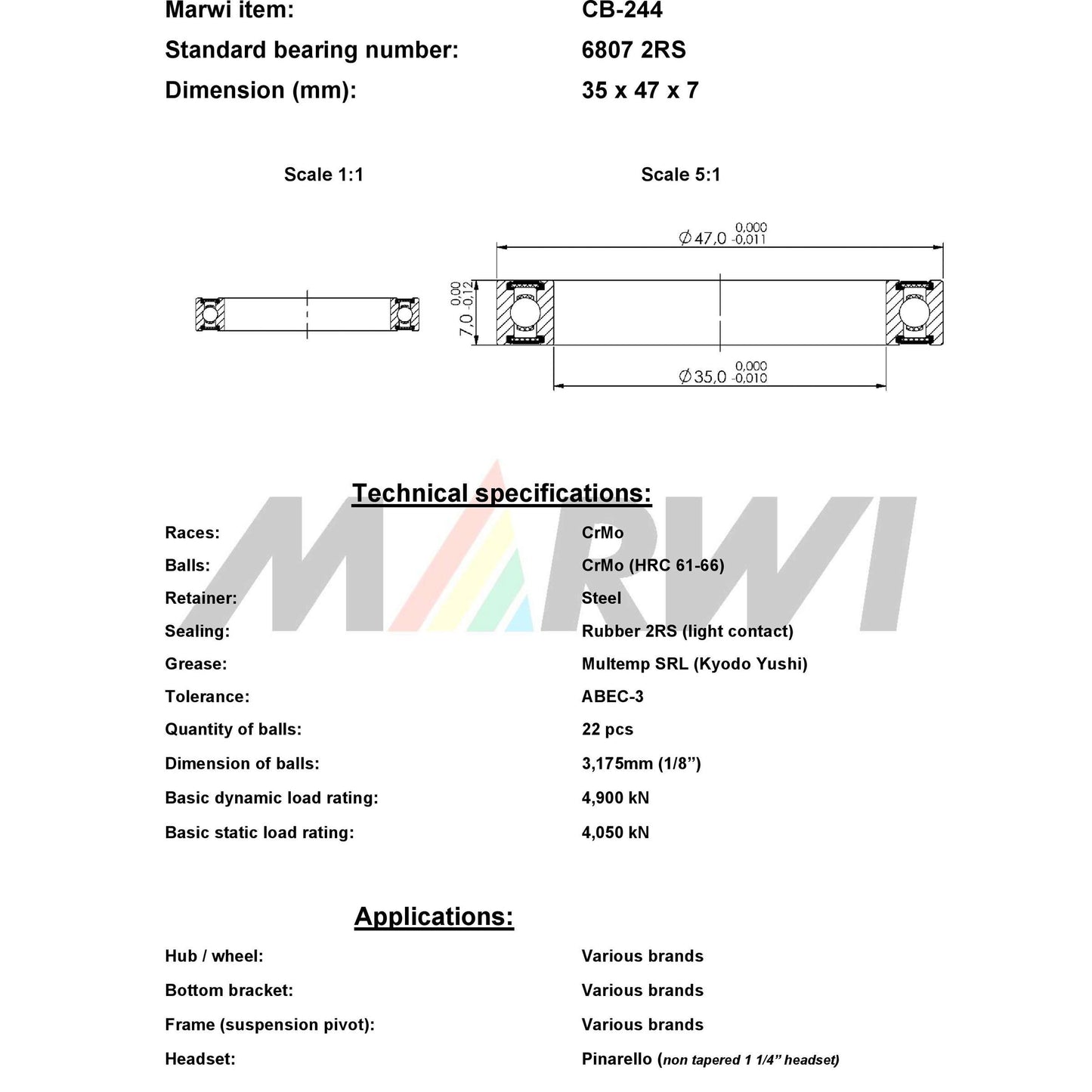 Marwi union kogellager ball bearing union cb-244 35x47x7