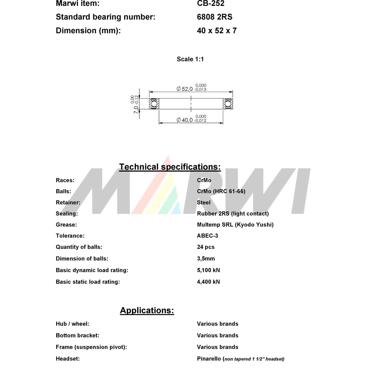 Marwi union kogellager cb-252 6808 2rs 40x52x7