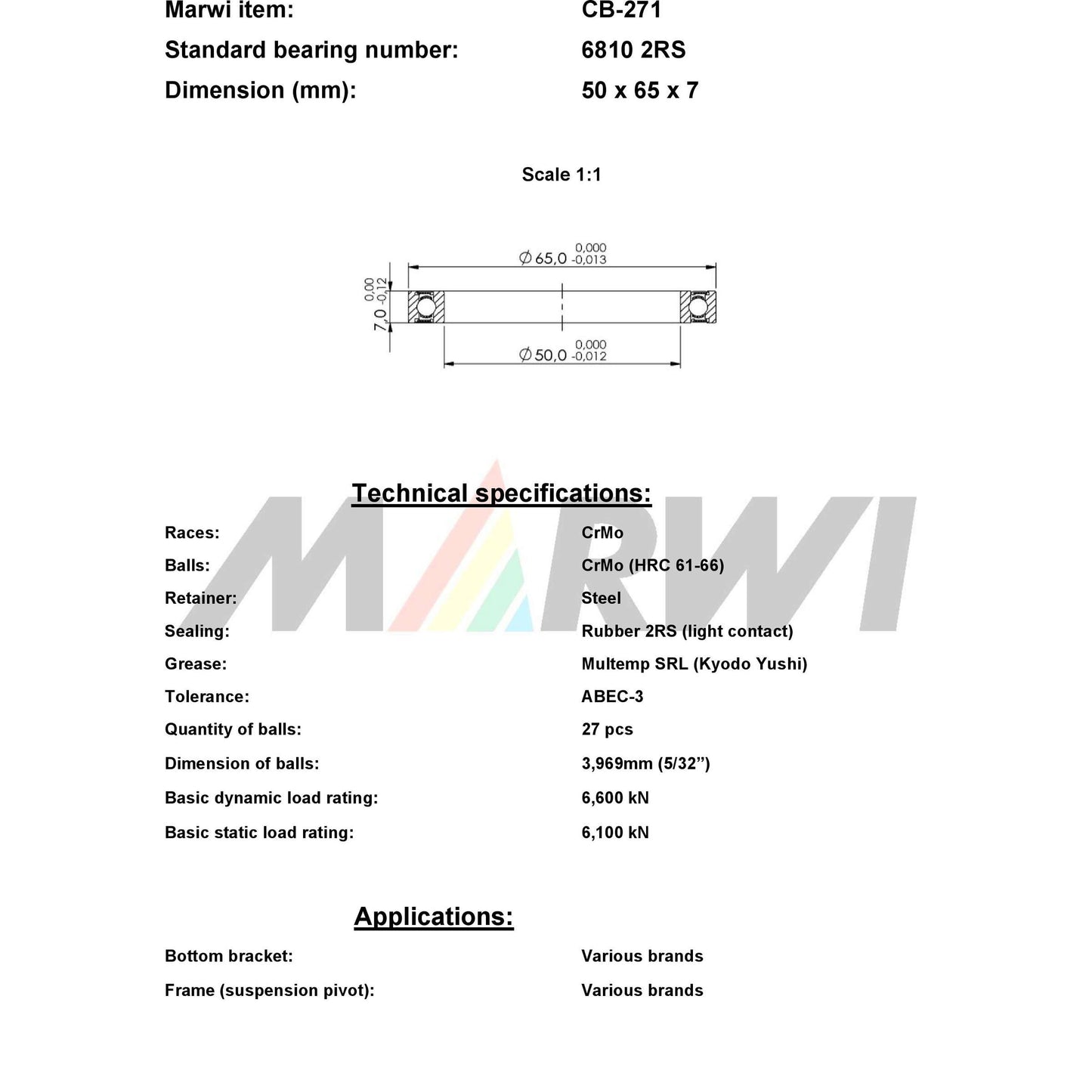 Marwi union kogellager cb-271 6810 2rs 50x65x7