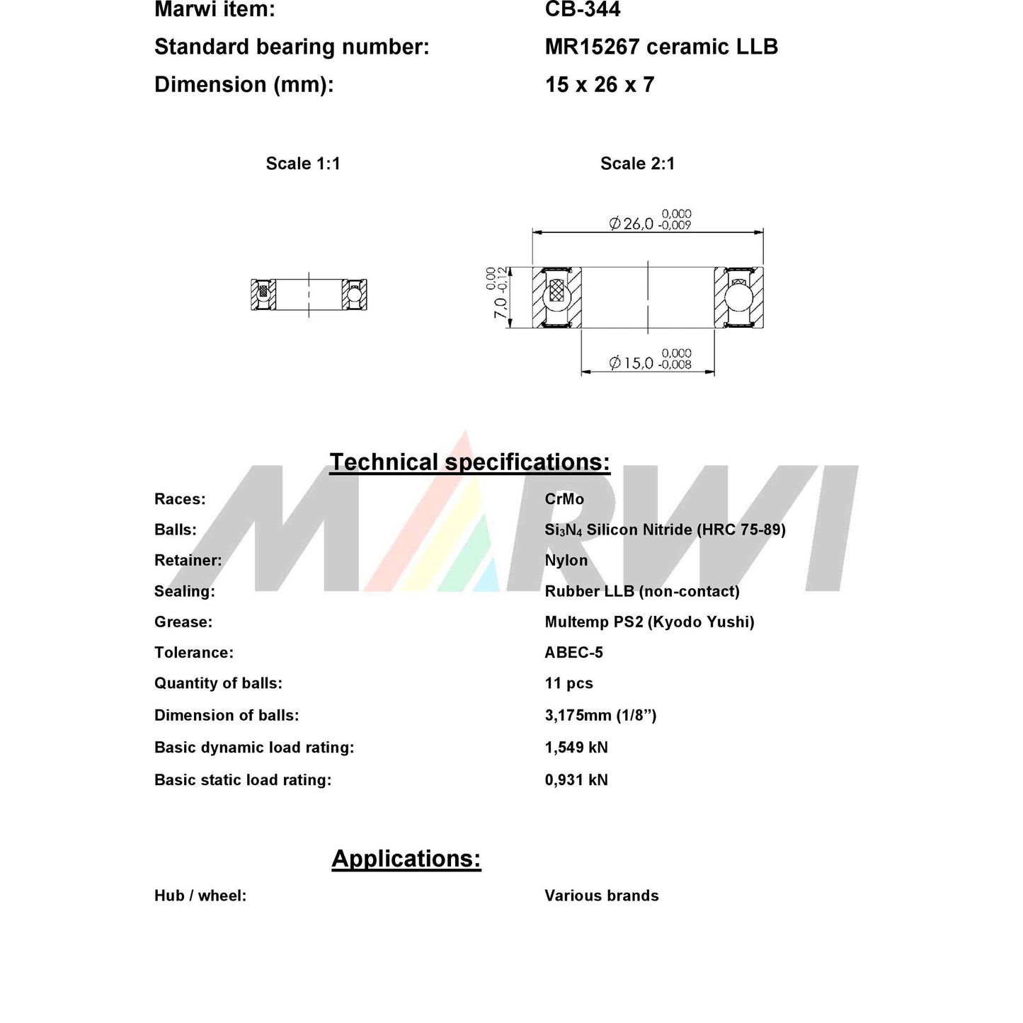 Marwi keram. kogellager cb-344 mr15267 llb 15x26x7 436344