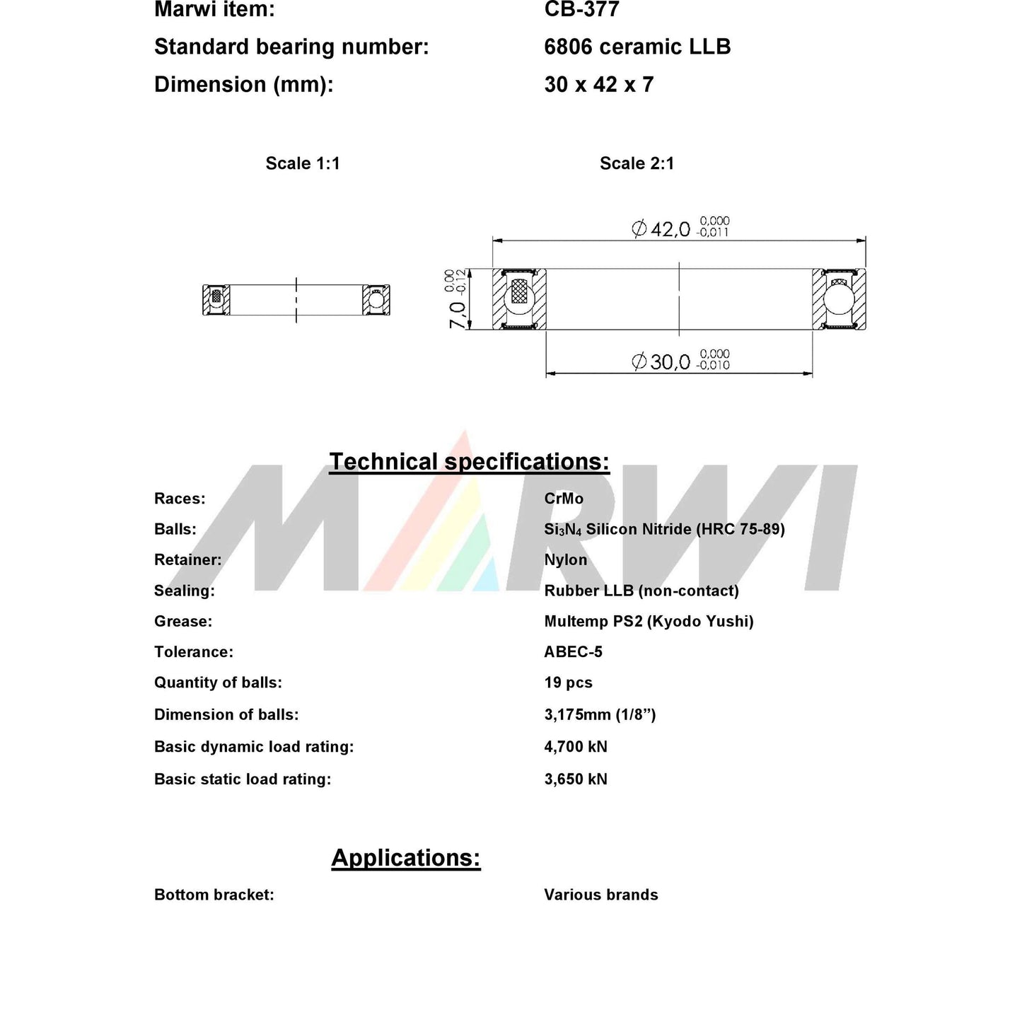 Marwi keram. kogellager cb-377 6806 llb 30x42x7 436377
