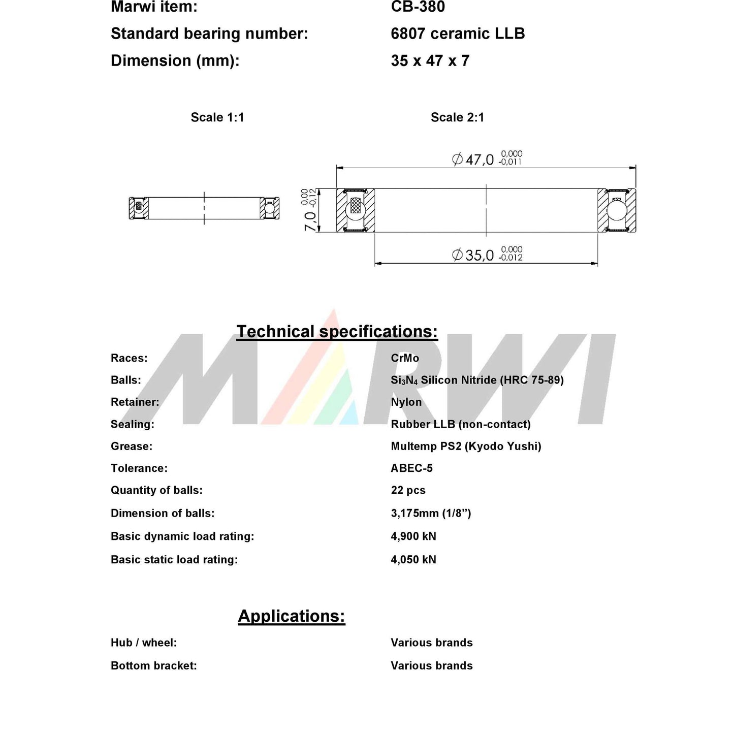 Marwi union kogellager cb-380 6807 llb 35x47x7 keramisch