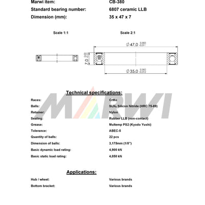 Marwi union kogellager cb-380 6807 llb 35x47x7 keramisch