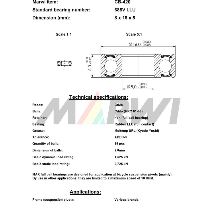 Union kogellager max cb-420 688v llu 8x16x5 keramisch