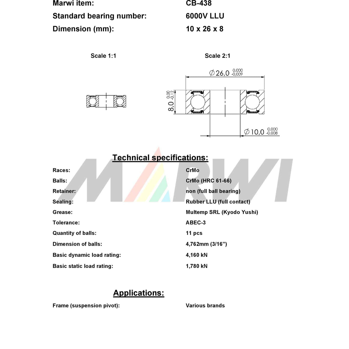 Marwi union kogellager max cb-438 6000v llu 10x26x8