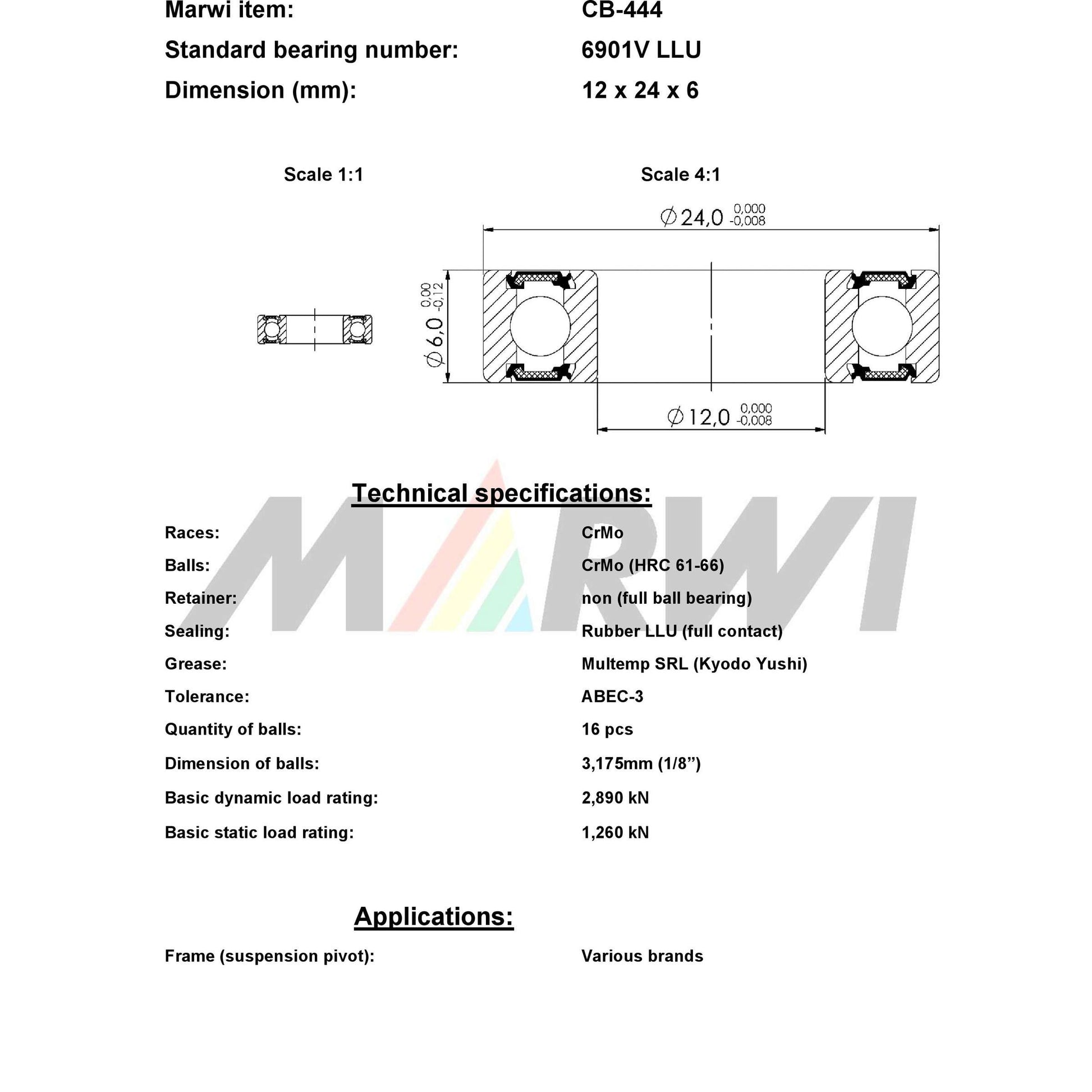 Union kogellager max cb-444 6901v llu 12x24x6