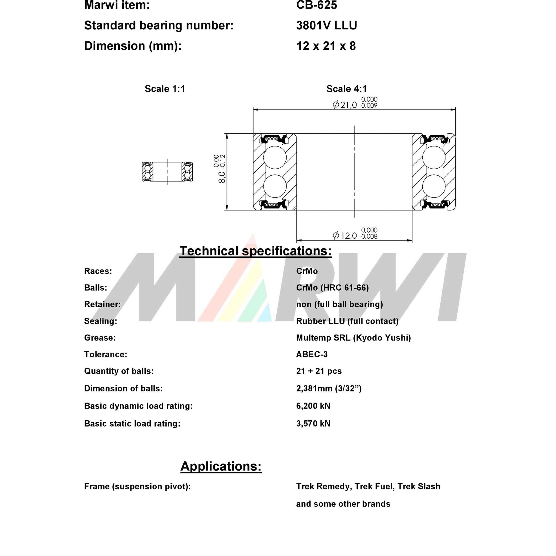 Union kogellager max cb-625 3801v 12x21x8