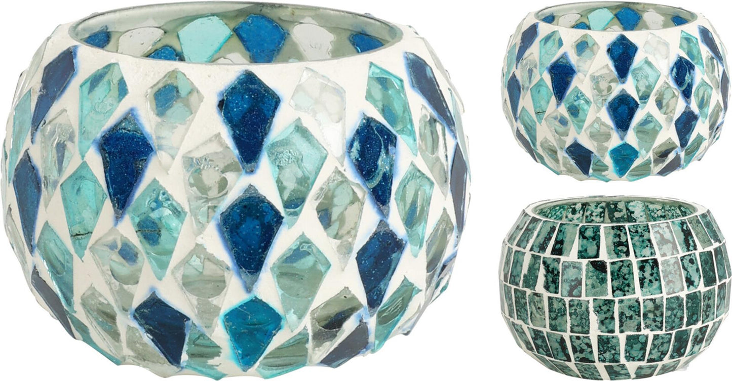 Home styling theelichthouder blauw mozaïek 9x9x6cm