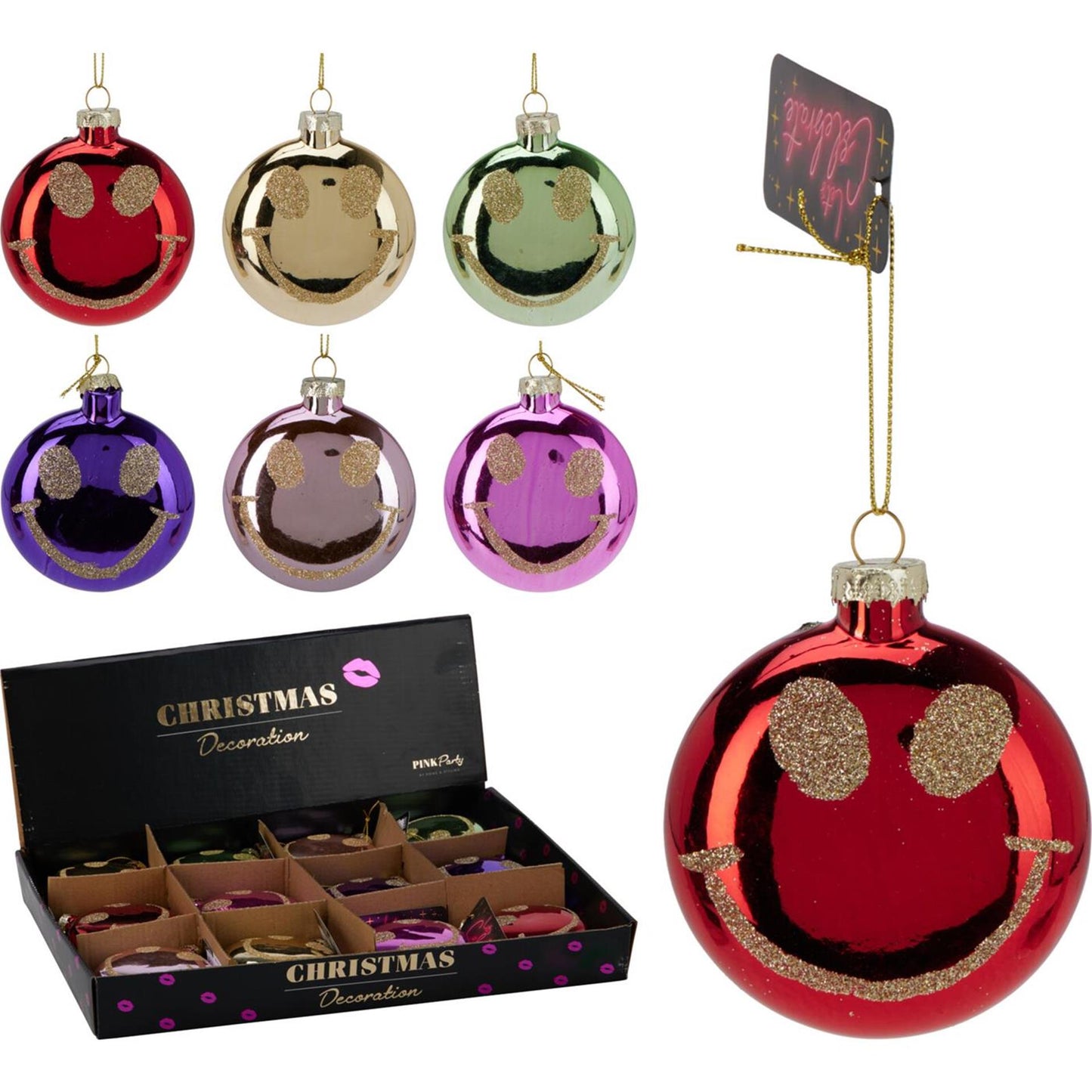 Kersthanger kerstbal plat smiley glas 8,8cm 6 assorti display a 12 stuks