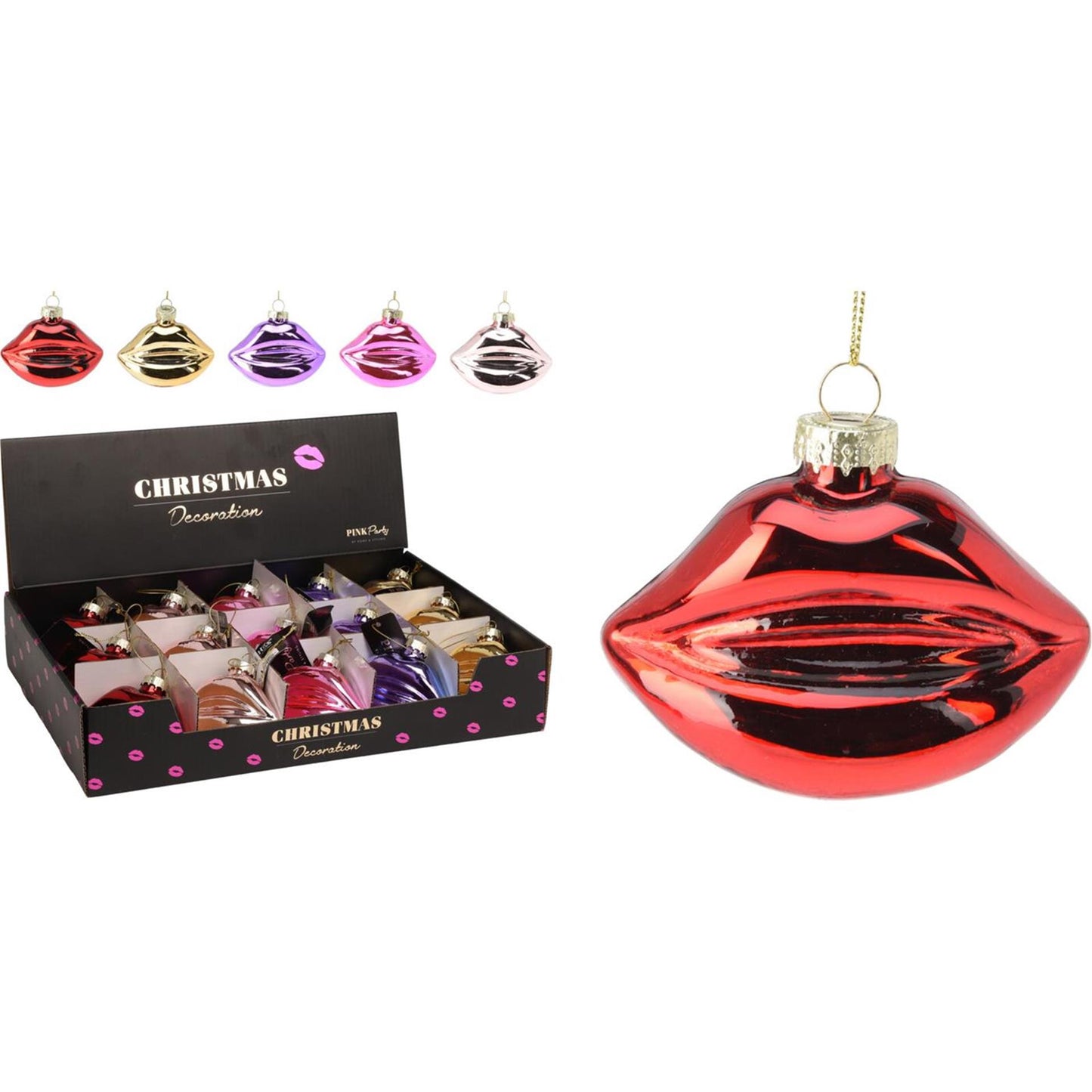 Kersthanger lippen glas 8cm 5 assorti display a 15 stuks