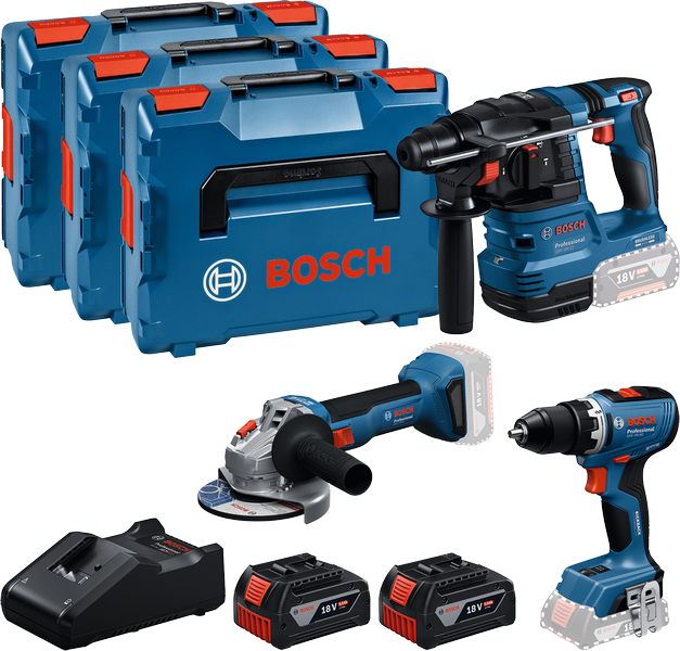 Bosch blauw accutoolkit 3 toolkit 18v (2x gba 18v 5.0ah, lader gal 18v-40, gsr 18v-65, gbh 18v-22, gws 18v-8) - 0615a5009g