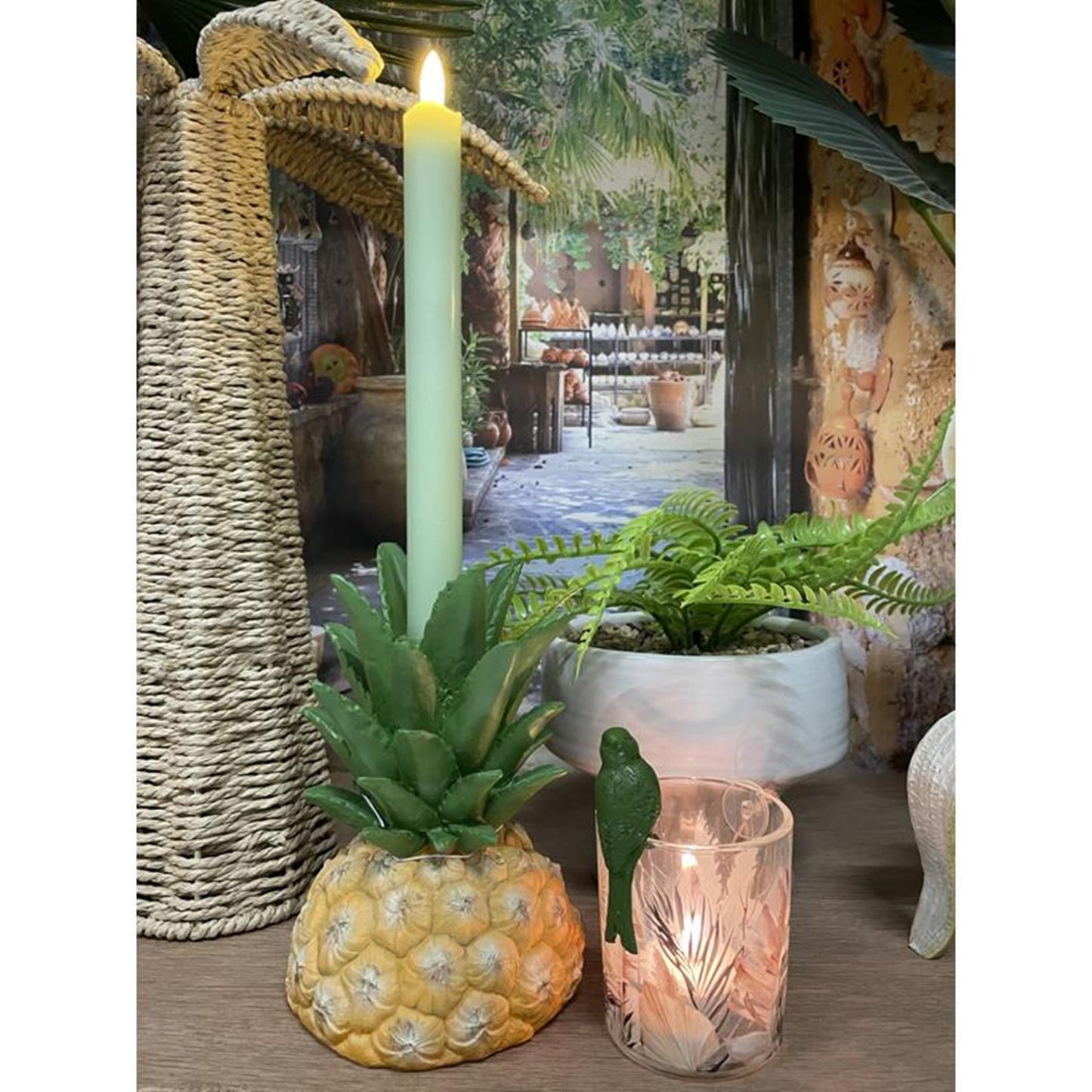 Cosydecor kandelaar ananas polystone 12x12x18cm geel groen
