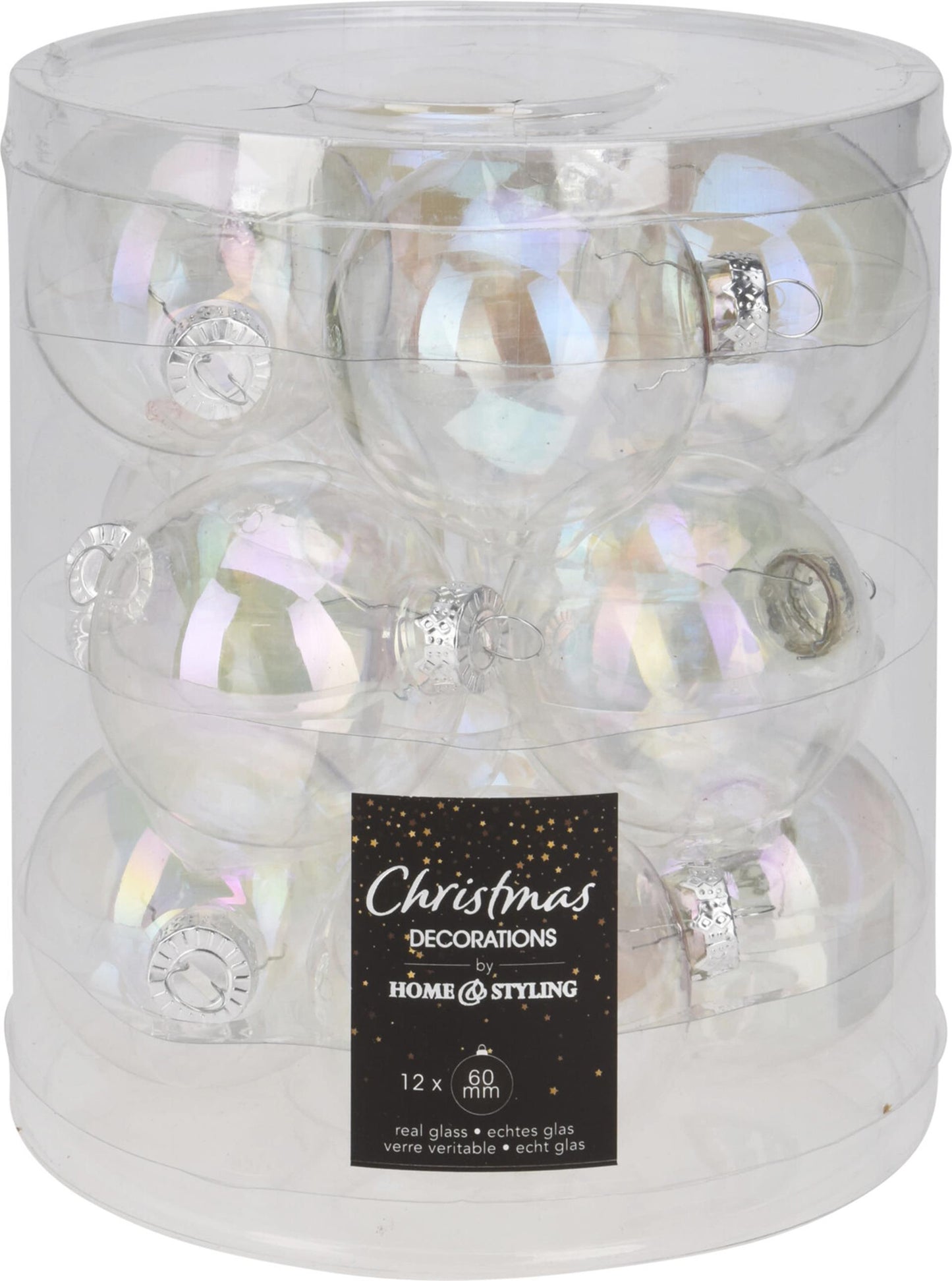Home styling kerstbal 60mm iriserend koker a 12 glas
