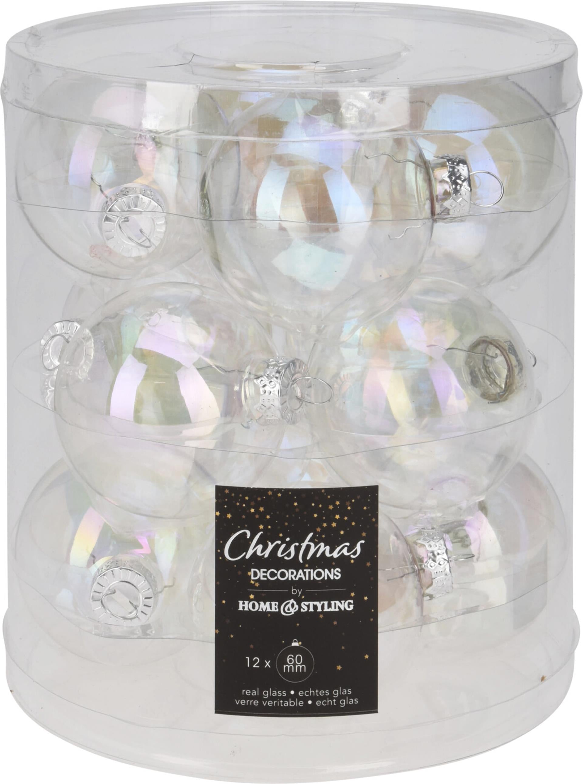 Home styling kerstbal 60mm iriserend koker a 12 glas