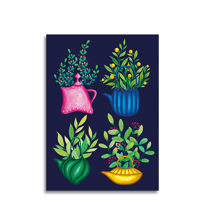 Art by andu wenskaart 4 tea pots blue