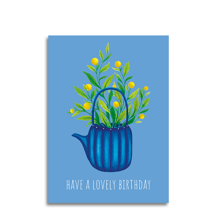 Art by andu wenskaart light blue tea pot blue stripes