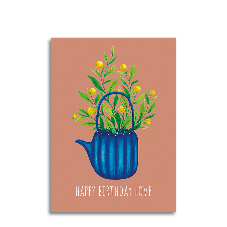 Art by andu wenskaart terracotta tea pot blue stripes