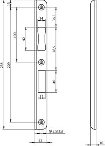Assa abloy n6000 hoeksluitplaat | rvs 22x235x10x3mm rechthoekigdm| dr 1+3 - 10049714