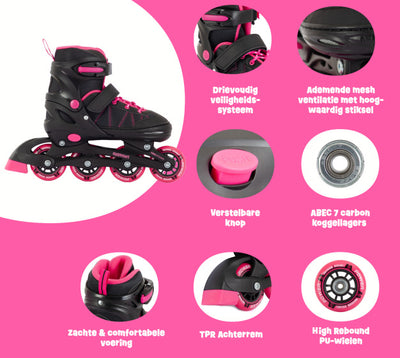 Aventuri verstelbare inline skates semi-softboot zwart roze maat 38-41 (l)