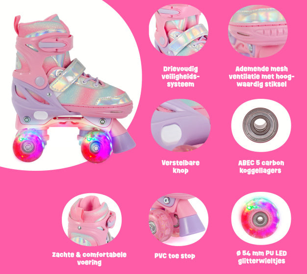 Aventuri verstelbare rolschaatsen met lichtjes roze glitter maat 31-34 (s)