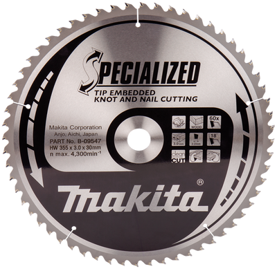 Makita accessoires cirkelzaagblad hout (noest spijker) | embedded tip 355x30x3,0 60t 18g - b-09547 - b-09547