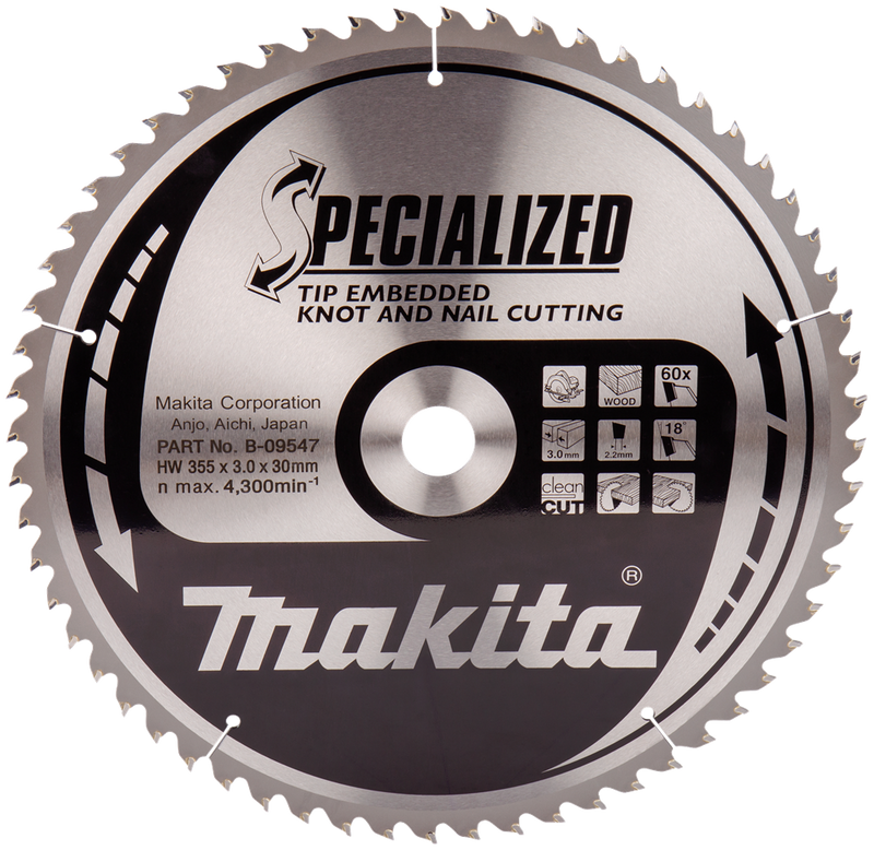 Makita accessoires cirkelzaagblad hout (noest spijker) | embedded tip 355x30x3,0 60t 18g - b-09547 - b-09547