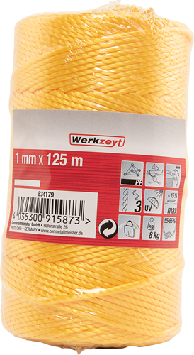 Werkzeyt pp touw 1mm 8kg geel bobijn 125m - b34179