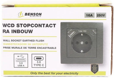 Enzo benson inbouw stopcontact ra + usb en usb-c zwart - 4650032