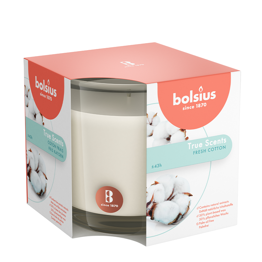 Bolsius geurglas true scents fresh cotton 95 95mm