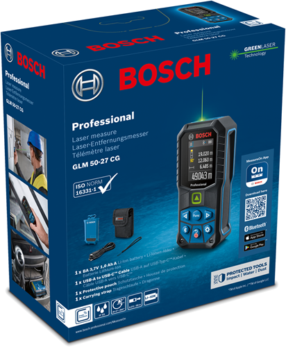 Bosch blauw glm 50-27 cg | professional laserafstandsmeter 50 meter groen (1x 3.7v 1.0ah accu + usb-c kabel) - 0601072u01