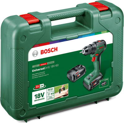 Bosch groen bosch universaldrill 18v-60 accuschroefboormachine - met 2x 18 v li-ion accu (2,0 ah) en lader