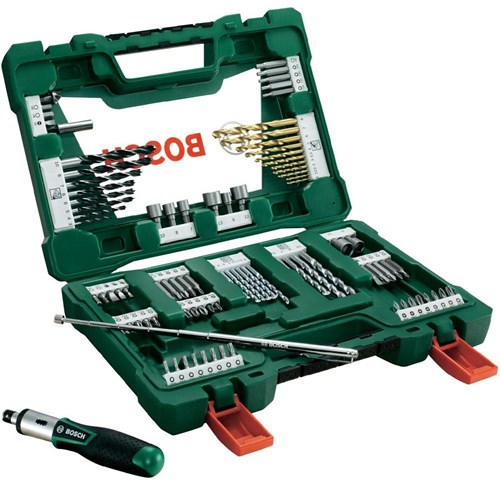 Bosch accessoires v-line tin-boren en bitset met ratelschroevendraaier en magnetisch uitschuifbare pen 91-delige - 2607017195