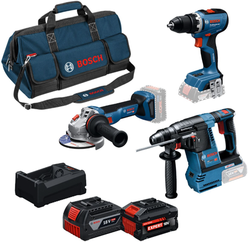 Bosch blauw bosch professional 3-toolkit 18v - gereedschap combiset - gsr 18v-65 - gbh 18v-26 - gws 18v-11 - gba 18v 5.0 ah - exba 18v 5.5 ah - gal 12v 18v-80 lader