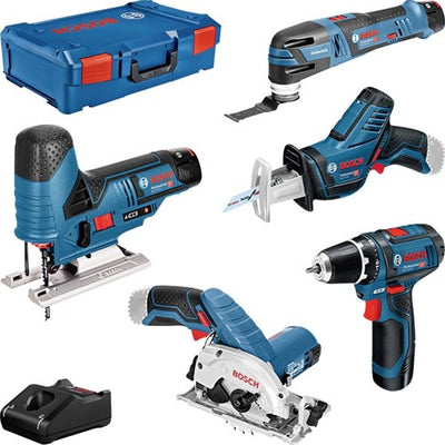 Bosch blauw 5 toolkit gsr 12v-15 + gst 12v-70 + gop 12v-28 + gks 12v-26 + gsa 12v-14 (3x 3.0ah accu) - 0615a0017c