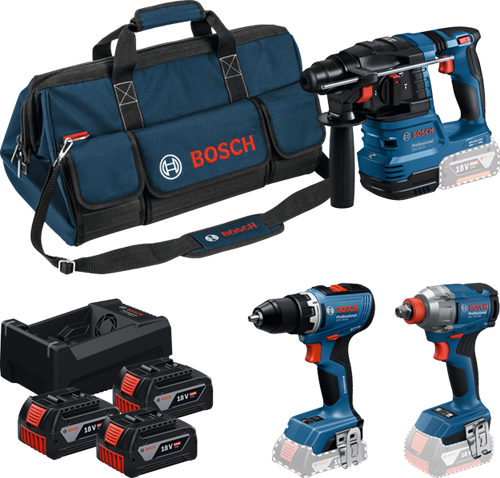 Bosch blauw bosch professional 18v toolkit - gereedschap combiset - gsr 18v-65 + gdx 18v-285 + gbh 18v-22 + 3x gba 5.0ah 18v accu + gal 12v-18v-80