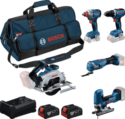 Bosch blauw accutoolkit 5-toolkit 18v | gsr 18v-65 + gdx 18v-285 + gks 18v-57-2 + gop 18v-34 + gst 18v-125 s |incl. 2x gba 18v 5,0ah + lader - 0615a500bv