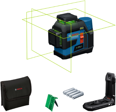 Bosch blauw bosch professional gll 12v-100-33 cg - lijnlaser - inclusief 4x batterij - laserrichtbord - houder - batterij-adapter - tas